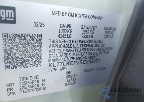 2025 Chevrolet Trax Fwd Activ from USA, damaged, VIN KL77LKEP7SC252477